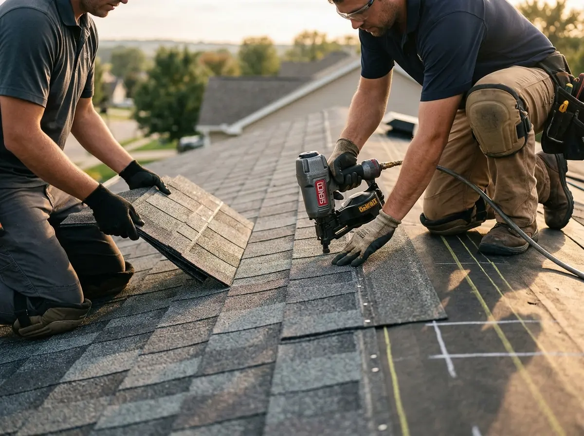 Professional roofer working on a residential roof in Skippack